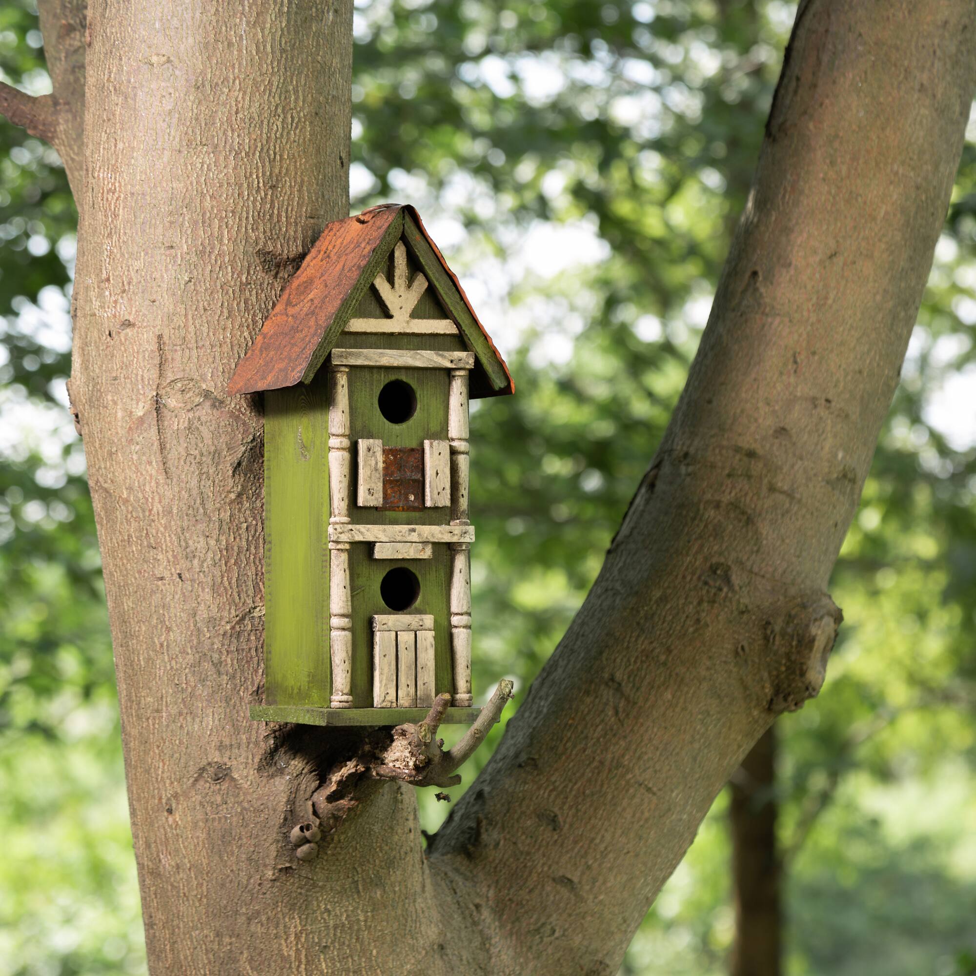 Glitzhome® Tall 2-Tiered Distressed Wood Hand Painted Bird House